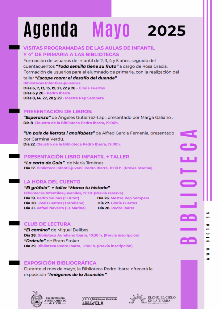 Actividades Bibliotecas en mayo Elche 2025
