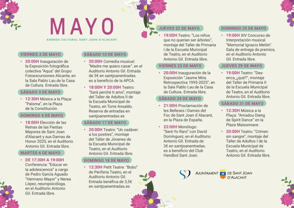 Actividades Culturales Sant Joan d'Alacant Mayo 2025