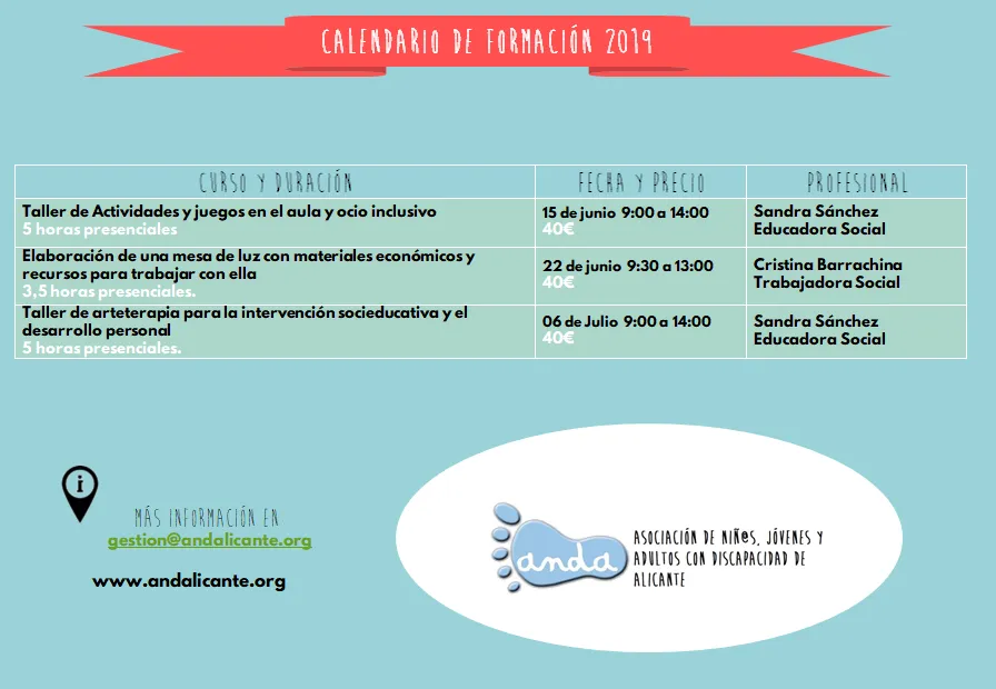 Calendario de formación de ANDA 2019