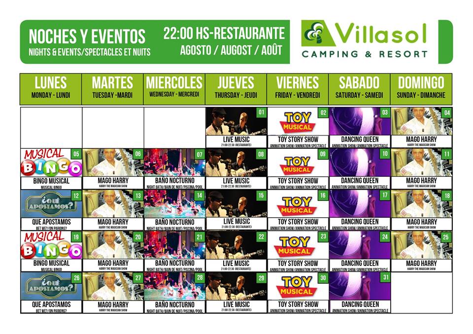 Camping Villasol - Noches y Eventos de Agosto 2019