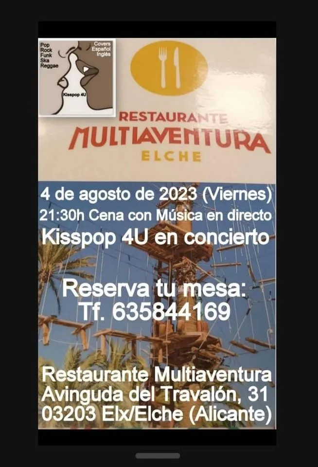 Cena con música en directo Kisspop 4u en Restaurante Multiaventura