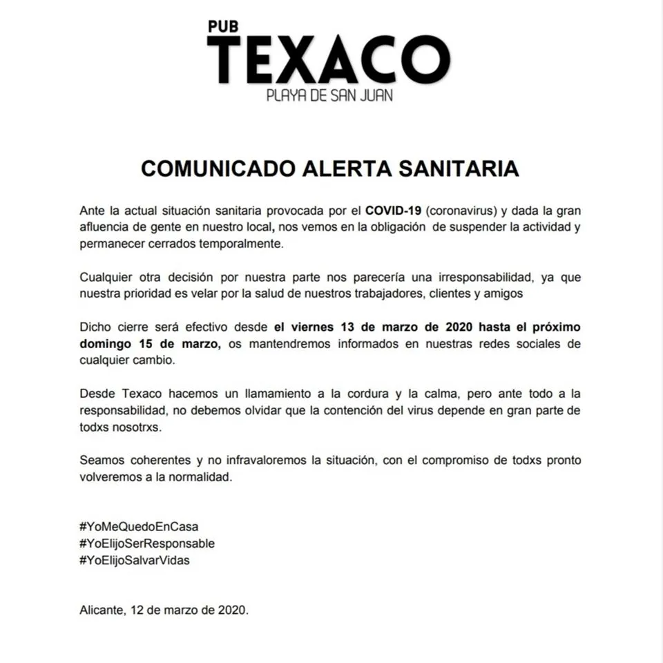 Cierre de Pub Texaco por Coronavirus