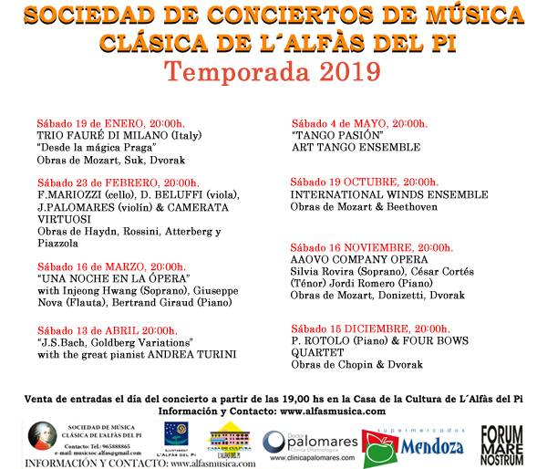 Conciertos 2019 de la Sociedad de conciertos de música clásica de l'Alfàs del Pi