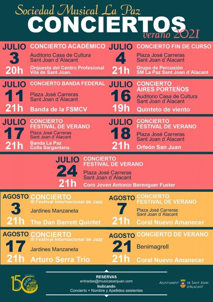 Conciertos en Sociedad Musical La Paz de San Joan - Julio - Agosto 2021