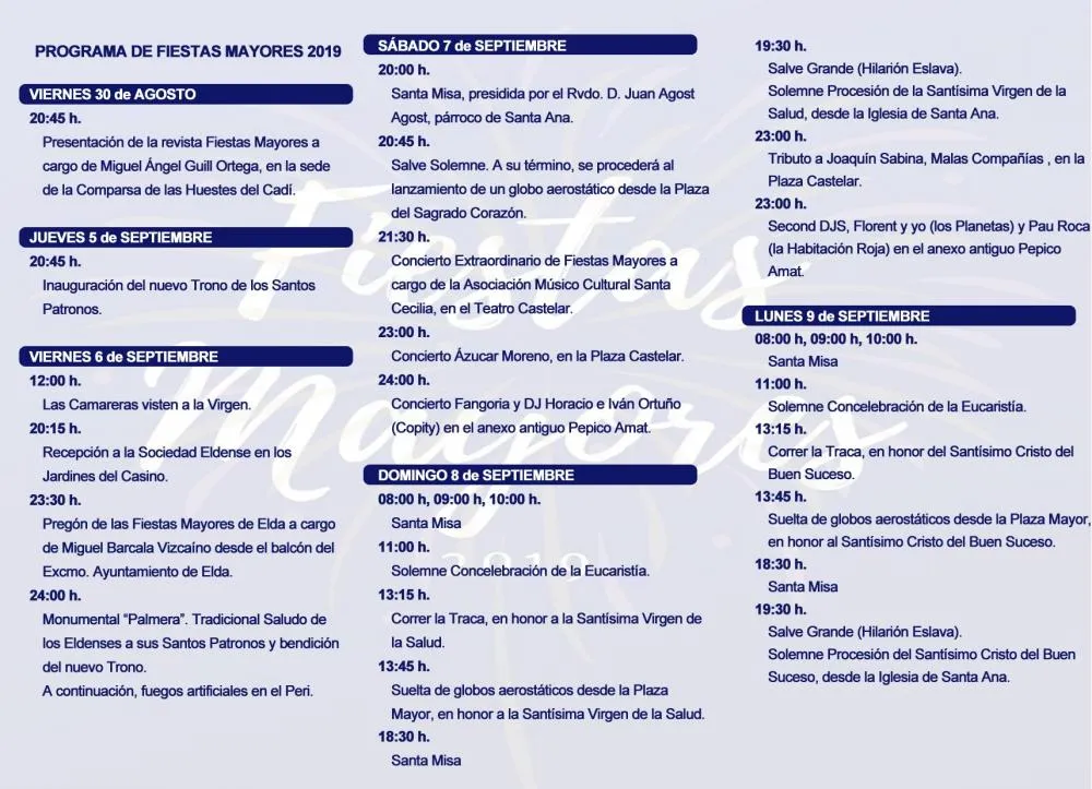 Fiestas Mayores de Elda 2019 - Programación