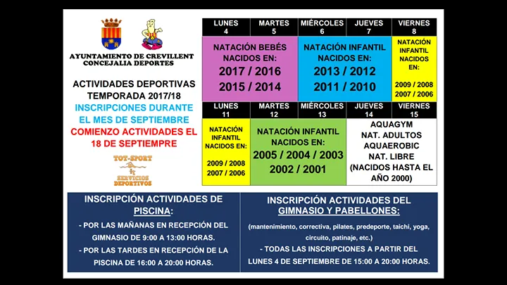 Inscripción y Actividades deportivas temporada 2017-2018 de Crevillente