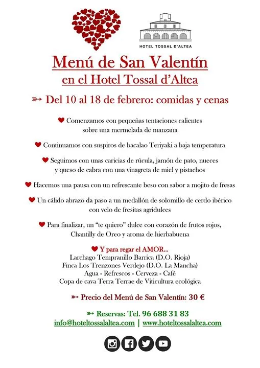 Menú de San Valentín del Hotel Tossal d'Altea: 10 a 18 febrero