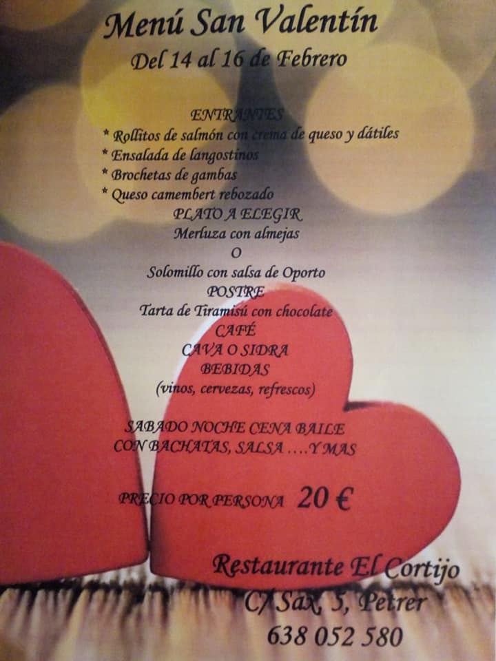 Menú de San Valentín Restaurante El Cortijo de Petrer
