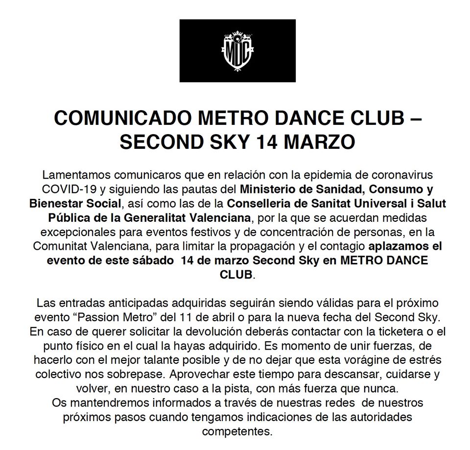 Metro Dance Club cancela Second Sky