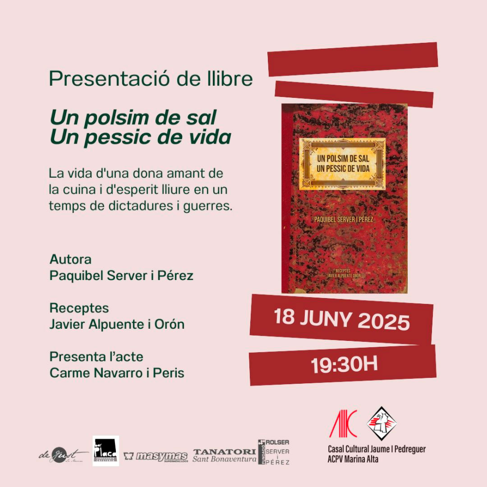 Paquibel Server presentarà a Pedreguer la novel·la "Un polsim de sal. Un pessic de vida" el 18 de juny (2025-06-18)