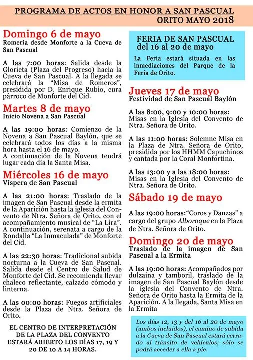 Programa de actos en honor a San Pascual - Orito Mayo 2018