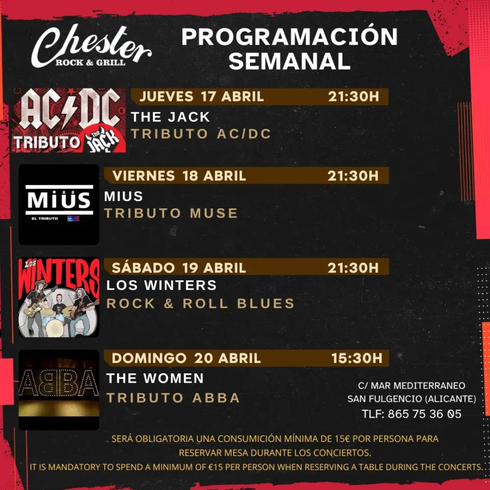 Programación conciertos Chester Rock & Grill