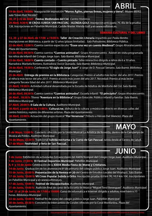 Programación cultural abril-mayo-junio 2018 de Monforte del Cid