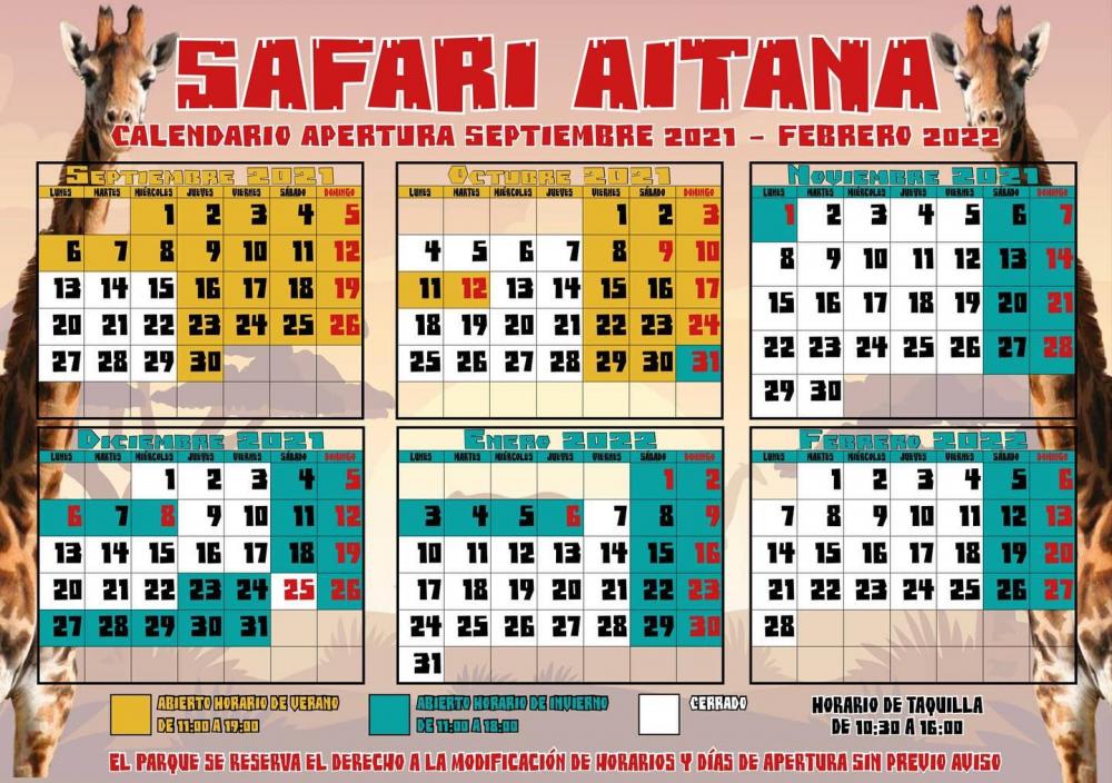 Safari Aitana - Calendario Septiembre 2021 - Febrero 2022