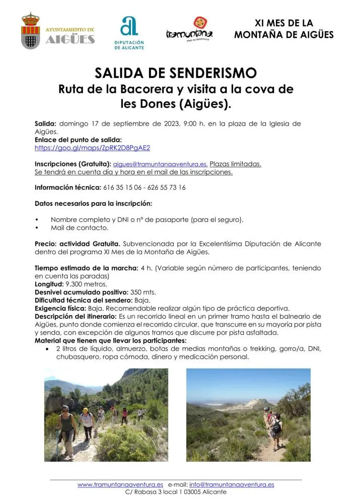 Salida de Senderismo Ruta de la Bacorera y visita a la cova de les Dones (Aigües)